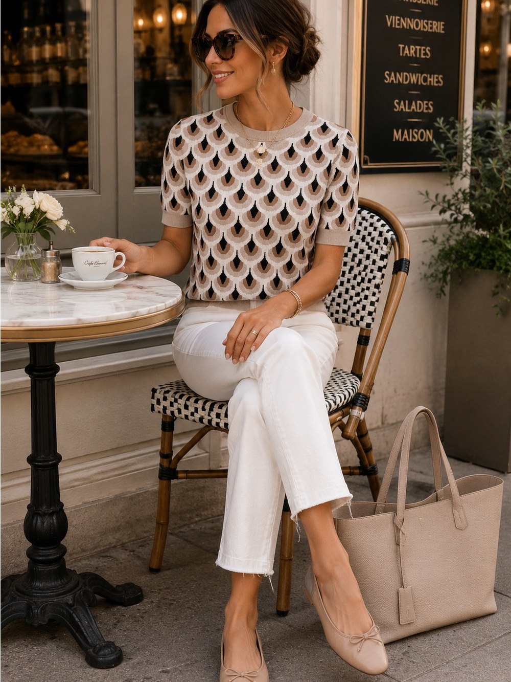 Christian Siriano Geometric Knit Sweater Top Neutral Short Sleeve Pullover Moder